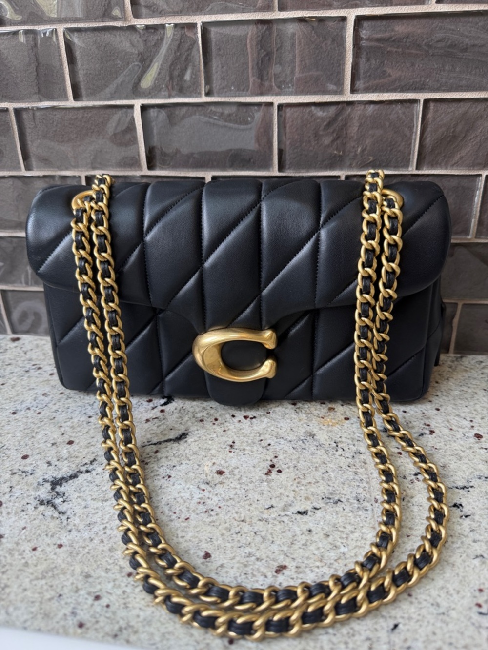Coach Quilted Tabby 26 Black Leather Shoulder Bag with Gold Hardware